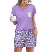 Jahetuul Pyjama Femme Coton à Col En V - Ensemble Short Manches Courtes Imprimé Chat Avec Poches, Doux Et Confortable
