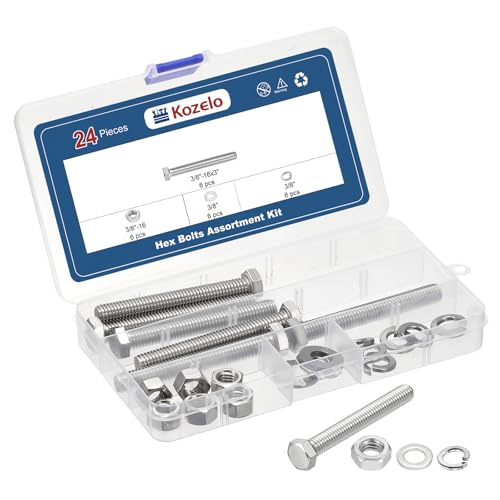 Kozelo 24Pcs Hex Head Screw Nut Washer Kit-3/8-16x3 304 SS