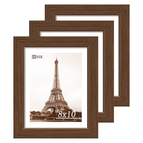 Image of VCK 8x10 Picture Frame Set of 3, Brown Wood Frames, Gallery Wall Decor Photo Frames for Wall Mounting Horizontally or Vertically