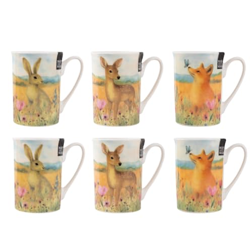 Image of Set of 6 Wildlife Mugs New Bone China 9oz Tea Coffee Cup Hare Fox Deer Wildflower Design Durable Microwave Dishwasher Safe Kitchen Office Gift Mug 9oz Everyday Drinkware