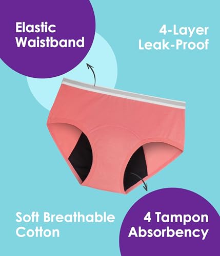 Teen Girls Period Underwear, Menstrual Leak-Proof Heavy Flow Absorbency Washable Protective Cotton Panties 4 Pack2