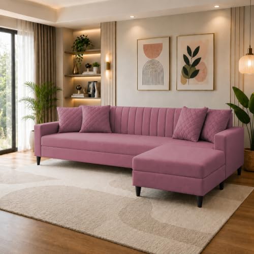Casaliving Grejoy 4 Seater L Shape Convertible Sofa Set for Living Room, 3 Seater & Ottoman Modular Sectional Couch for Small Space (Mauve) Colour Premium Velvet Fabric Sofa Deal
