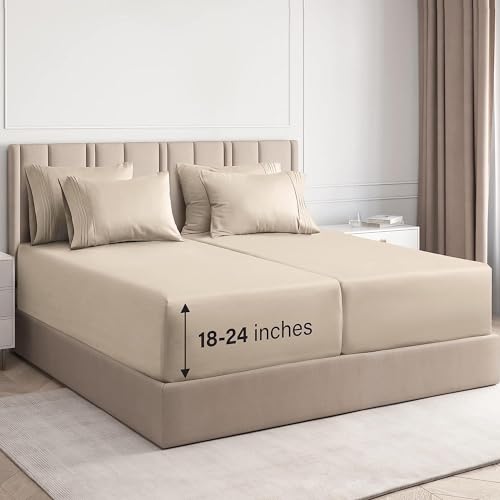Image of Extra Deep Split King Sheet Set - 7 Piece Breathable Cooling Sheets - Cream | Hotel Luxury Bed Sheets Set, Easy & Secure Fit, Ultra-Soft, Wrinkle & Fade Free, Comfy Sheets Set with Extra Deep Pockets