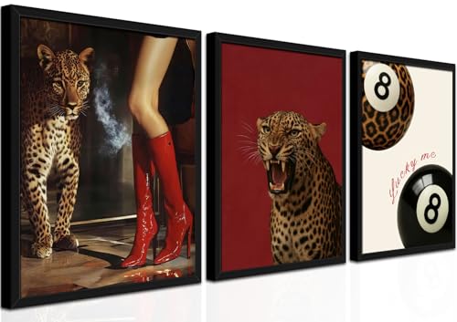 Trendy Leopard Wall Art Set of 3, Funky Red Long