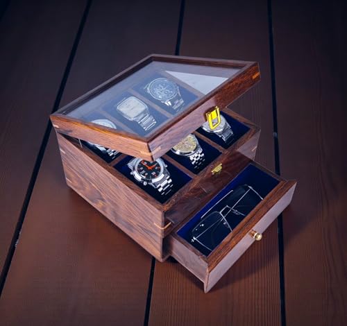 Image of Luxury Wooden Watch Display Box with Glass Top, 6-Slot Storage Case with Accessories Drawer, Dark Brown