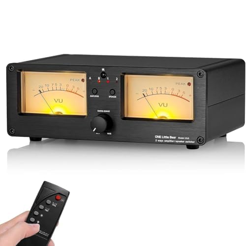 Amplificador de 2 entradas y 2 salidas e interruptor selector de altavoz, conmutador de audio con medidores VU duales, carcasa de aluminio completa, control remoto, caja de distribución de audio HiFi