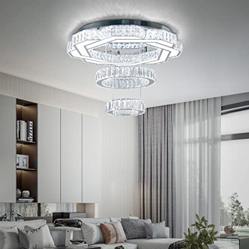 Finktonglan 22.5'' Modern Crystal Chandeliers Led Crystal Chandelier Ceiling Lamp 2 Ring Round Flush Mount Ceiling Light Fixtures For Living Room Bedroom Closet Dining Room(Cool White) #TOP1