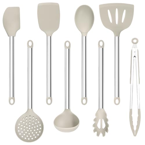 8 Pieces Kitchen Utensils Set, Vayvnt Silicone Cooking Utensils Set for Non-Stick Cookware, Stainless Steel Handle, Heat Resistant Kitchen Gadgets Includes Large Spatula Tongs, Dishwasher Safe, Khaki