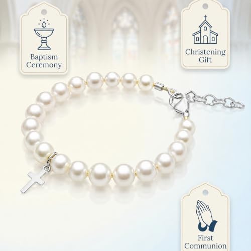 Image of Communion Bracelets | Baptism Jewelry | White Pearl Bracelet | Cross Charm