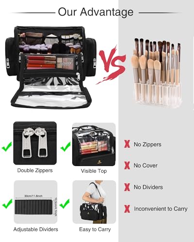 Image of Makeup Brush Case Stand-up Makeup Cup Makeup Brush Holder Travel Professional Cosmetic Bag Artist Storage Bag Large Makeup Bag with Adjustable Divide, 05-Black, 03-Super Large, Makeup Brush Bag