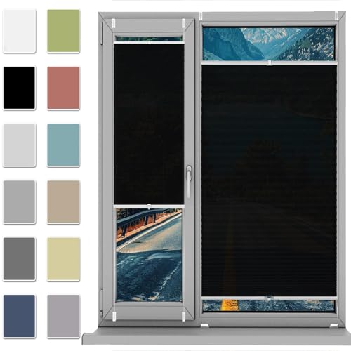 HUANQIN Plisseerollo Fensterrollo Faltrollo Jalousie 32 x 110 cm, Sonnenschutz Easyfix Lichtdurchlässig, Plissee Ohne Bohren Klemmfix Faltrollo, Plissee Sonnenschutzrollo, für Fenster & Tür, Schwarz