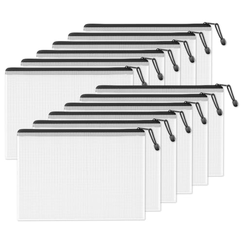 Image of SUNEE Plastic Mesh Zipper Pouch 12in x 17in - (Black, 12 Packs) Extra Large Zip File Bags for Office Supplies, Cosmetics, Travel Storage, Bills, Accessories Organizing Storage