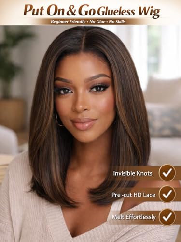 Image of Sunber Ombre Brown Balayage Yaki Straight Bob Glueless Wigs Human Hair Bye Bye Knots Pre cut 7x5 Lace Front Wig Pre Plucked Pre Bleached Knots Put and Go Highlight Brown Short Bob Wig 10Inch