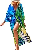 Orshoy Strandkleid Damen Lang Sommer Pareos Strandtunika Strandponcho Bikini Cover Up Boho Kimono Cardigan Strandmode Beach Dress Sommerkleid Vertuschen A-Blattdruck