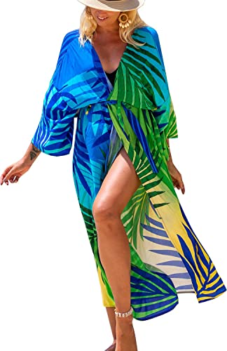 Orshoy Strandkleid Damen Lang Sommer Pareos Strandtunika Strandponcho Bikini Cover Up Boho Kimono Cardigan Strandmode Beach Dress Sommerkleid Vertuschen A-Blattdruck Cover