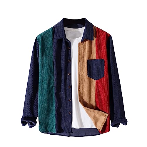 WDIRARA Men's Corduroy Button Down Long Sleeve Colorblock Shirt Collar Tops