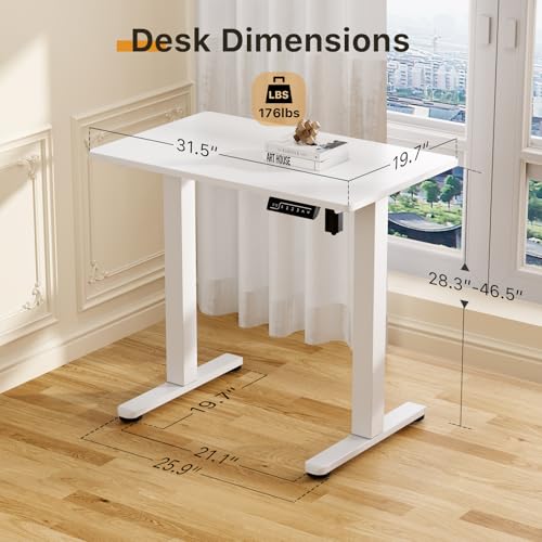 Image of JOY worker Small Electric Standing Desk, 31.5 inch x 20 inch Whole Piece Height Adjustable Desk with Memory Controller, White Sit to Stand Workstation for Home Office