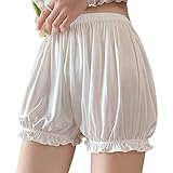 inlzdz Damen Bloomers Shorts Rüschen Höschen Satin Kurze Pumphose Leggings Sicherheitshorts Unterhose Lolita Kürbis Untershorts Boxershorts Unterwäsche Weiß M