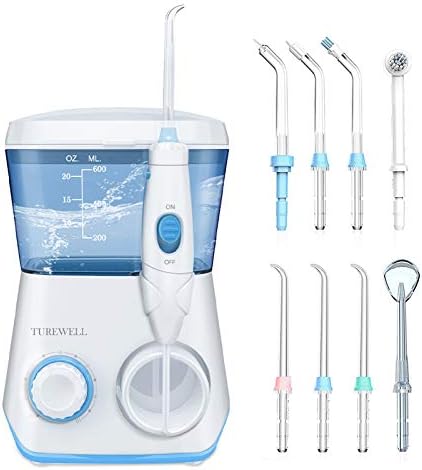 TUREWELL Water Flossing Oral Irrigator, 600ML Dental Water Teeth Cleaner 10 Adjustable Pressure, Electric Dental Oral Flosser for Teeth/Braces, 8 Water Jet Tips for Family (White)