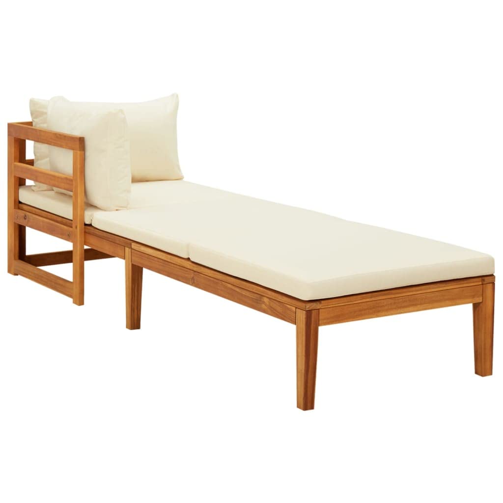 Leżaki z litego drewna akacjowego z kremową poduszką, 202 x 66 x 60 cm, zestaw mebli ogrodowych na taras, balkon, zestaw wypoczynkowy z regulowanym podłokietnikiem, 2 szt