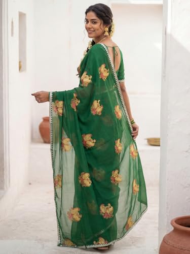 Image of AKHILAM Women's Chiffon Ethnic Motif Print Zari Border Saree With Unstitched Blouse Piece (KNIKA2001 AI Parent)