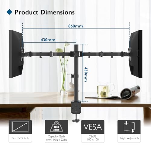 BONTEC Wspornik na 2 Monitory do Płaskiego i Zakrzywionego Ekranu 13-27 cali, Podwójny Uchwyt na Biurko z Regulacją Wysokości i Odchylenia, Max. Udźwig 10 kg na Monitor, VESA 75x75 mm, 100x100 mm