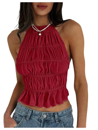 MakeMeChic Women's Open Back Halter Top Sleeveless Tie Backless Y2K Crop Going Out Tops