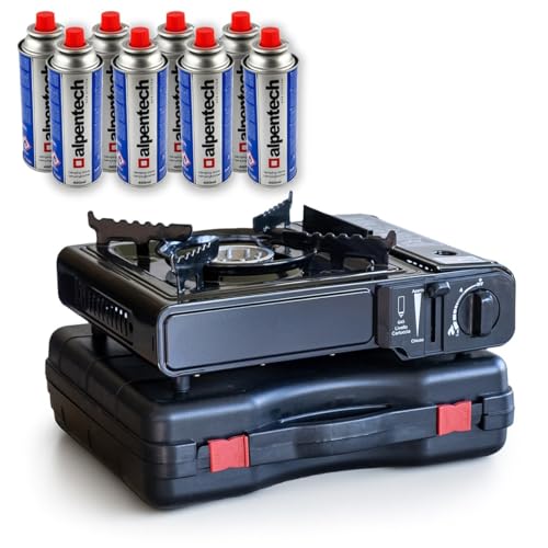 Intec – Hornillo de gas portátil 2200 W + 8 cartuchos de gas Butane Ideal Camping, Roadtrip, cocina exterior