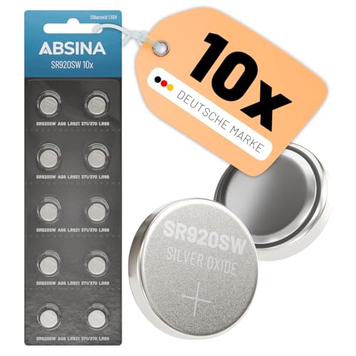 ABSINA SR920SW Uhrenbatterie 1,55V Silberoxid 10er Pack - Knopfzelle SR920SW auslaufsicher & Lange Haltbarkeit - Batterie SR920SW / LR921 / 371/370 / LR69 / AG6 - SR 920 SW Uhren Knopfzelle