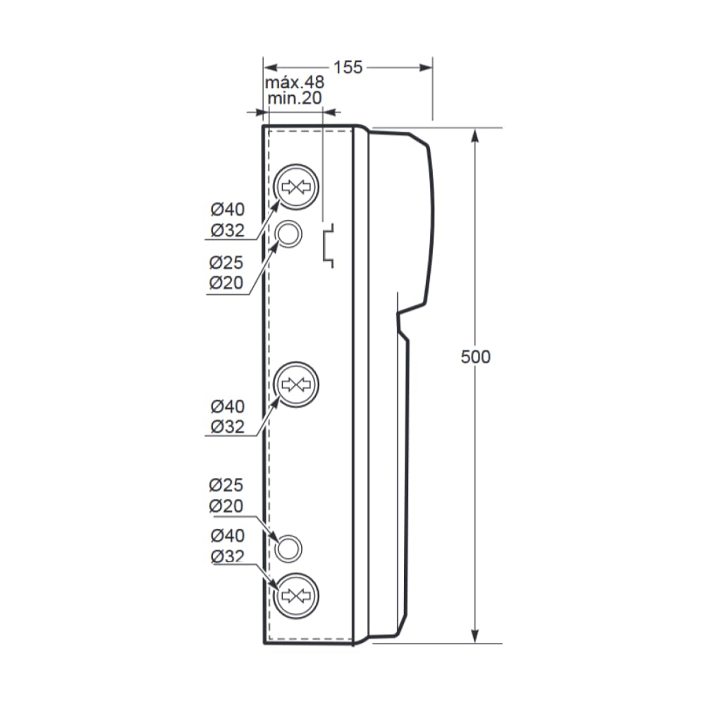 Pusty pojemnik z kołnierzem IP65 - 506 x 330 x 150 mm 16 modułów DIN 6 gniazd - uniwersalny kołnierz wpuszczany - regulowany pręt DIN - odporny na ciepło ABS - przemysł budowlany na zewnątrz