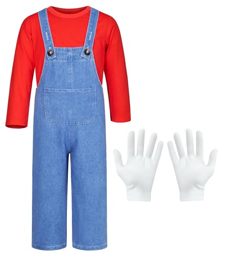 Plumber Costume for Kids Shirt Overalls Glove Boys Halloween Party Cosplay 3T Red
