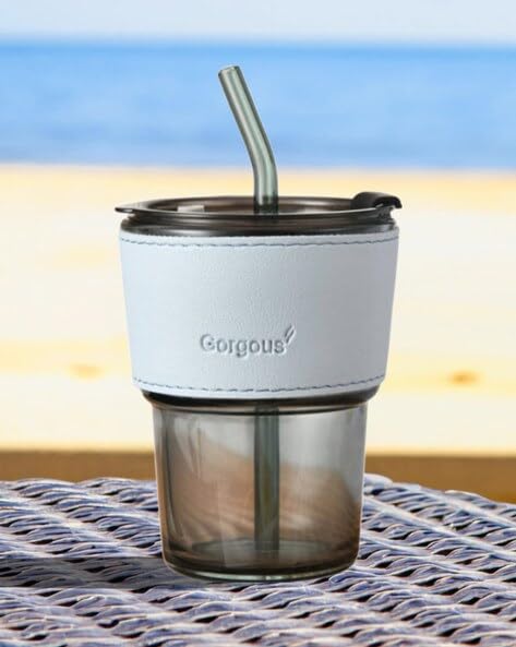 Image of Gorgeous Glass Coffee Mug with Straw and Lid, 450 ml - (Blue)
