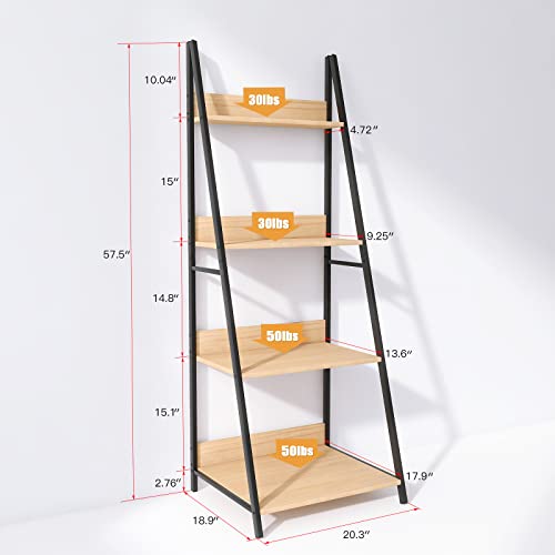 Ladder Shelf, 4-Tier Bookshelf, Wood Bookcase with Steel Frame, Flower Standing Shelf Units Storage Rack for Home Office Living Room Bathroom Vintage, Burlywood