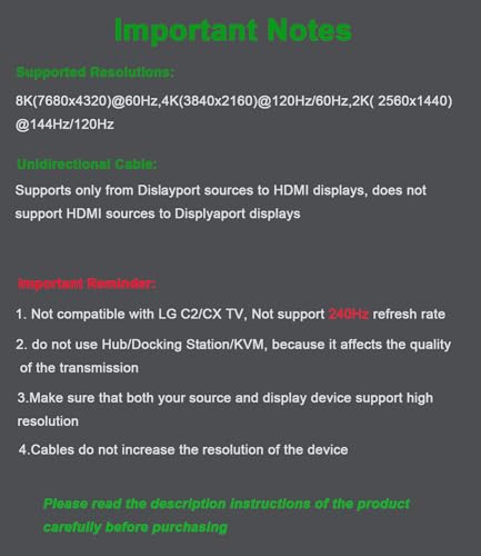 6FT DisplayPort to HDMI 8K Cable [8K@60Hz,4K@120Hz,2K@144Hz] Uni-Directional DP Source to HDMI Display, DisplayPort 1.4 to HDMI 2.1 Braided Cord for AMD,NVIDIA