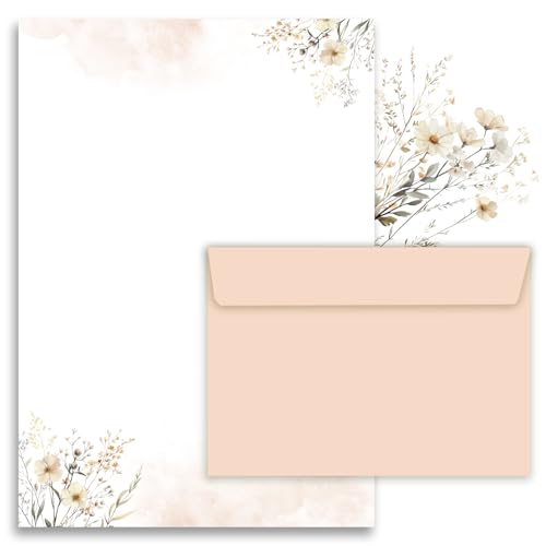 20x Briefpapier Blumenmotiv mit 10 Umschlägen in Beige E&G Klasse Erwachsene A4 Beige Pastell Brieffreunden Natur Stil Einladungspapier Briefpapierset Blumen Brief Korrespondenz Postpapier