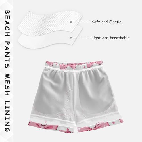 Pigsaly Boys Swim Trunks Hearts Pink Bow Coquette White Boys Board Shorts Swimsuit Swimwear Summer Bathing Suit S4
