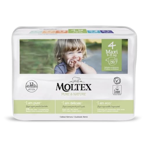 Pañales Infantiles Ecológicos Moltex Pure&Nature. Pañales Desechables. Pañales con Tecnología de Sequedad Instantánea. Hasta 12 Horas Seco. (1 Paquete, Talla 4)