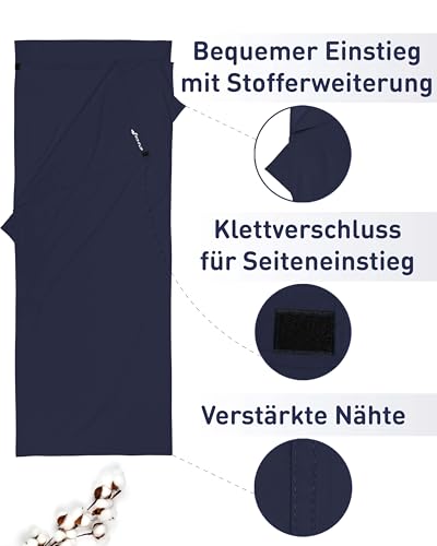 Fit-Flip Hüttenschlafsack Baumwolle - ultraleichter Innenschlafsack 325g - dünner Reiseschlafsack - kompakt, klein & seidig weich - Schlafsack Inlett mit Kissenfach - Farbe: Marineblau