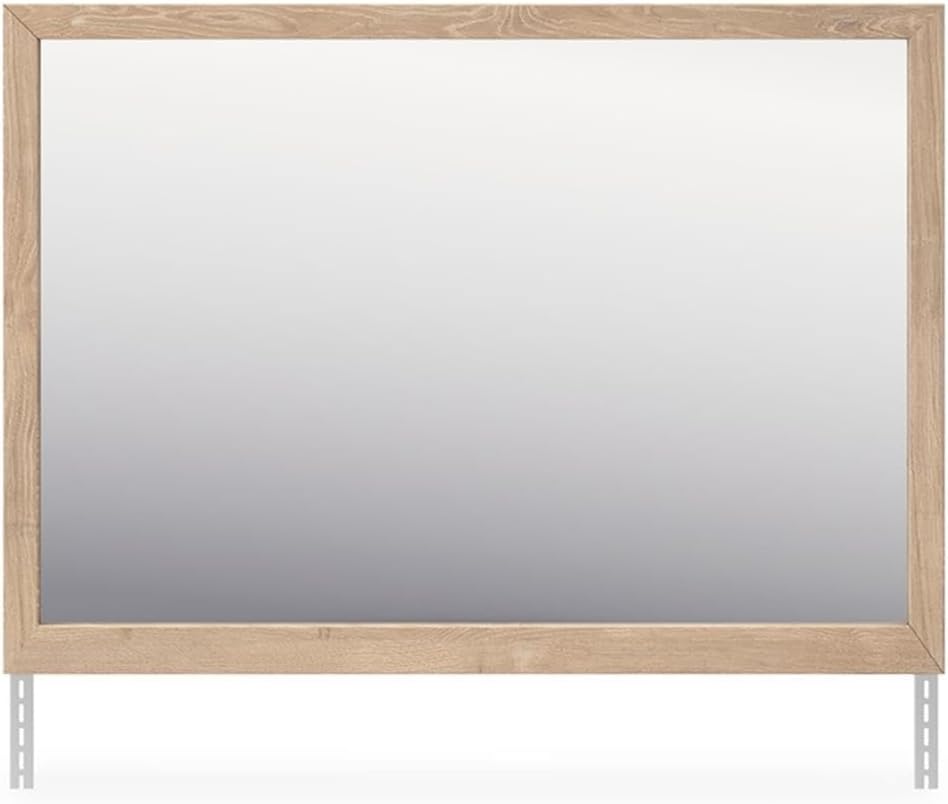 Bowery Hill Modern Bedroom Mirror, 39"W x 2"D x 28"H, Engineered Wood and Glass, Tan Finish, Oak Grain Texture, Dresser or Wall Mounted, Vertical or Horizontal Hanging, Clean-Lined Contemporary Style