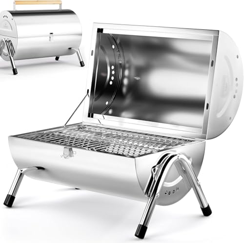 Garden Mile Large BBQ Charcoal Stainless Steel BBQ Grill Half Barrel Open Drum Portable - barbecue Charcoal Grill with Wooden Handle for Home Bar Garden Party