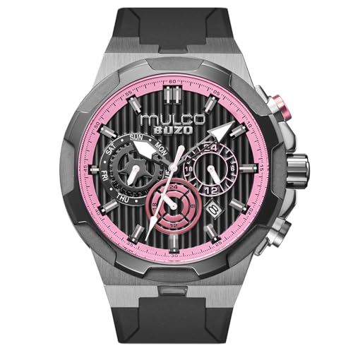 MULCO Buzo Atlantis Mens Wrist Watch 46mm Stainless Steel Case Black Silicone Strap Quartz Multifunction Movement Miyota JP25 10 ATM Waterproof Large Face