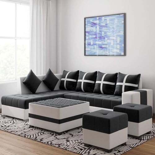 Image of Torque Jamestown L Shape 8 Seater Sectional Fabric Sofa with Center Table Puffy Left Side-Black | L Shaped Corner Sofa with Center Table and Puff for Living Room