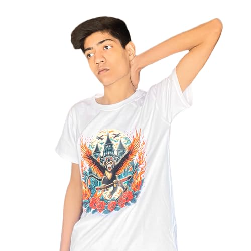 Image of White Printed T-Shirt for Men Pure Cotton Round Neck Half Sleeves Regular Fit