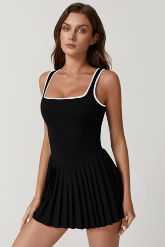 Image of QINSEN Womens Square Neck Tennis Dress Pleated Sleeveless Built in Shorts Golf Athletic Dress with Pockets