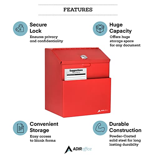 Adir Wall Mountable Steel Suggestion Box With Lock - Donation Box - Collection Box - Ballot Box - Key Drop Box - Safe Storage Box With 25 Suggestion Cards (Red) #TOP2