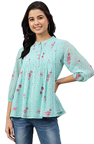 Image of Janasya Women's Dobby Georgette Floral Print Flared Top