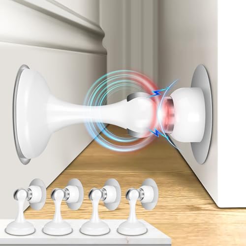 Image of Crosize Magnetic Door Stoppers 4 Pack, Stainless Steel Door Stops for Wall and Floor Mounting, Door Holder Keep Door Open, No Drilling Door Stop with Adhesive Tapes, White