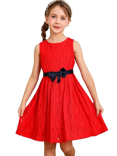 BONNY BILLY Vestido Niña Fiesta Ceremonia Princesa Encaje Verano Sin Mangas con Cinturón 8-9 Años Rojo