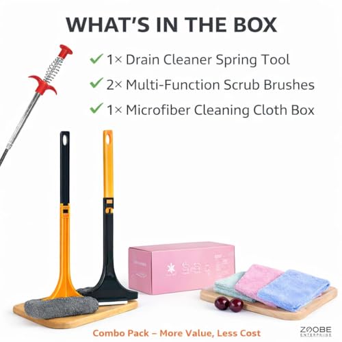 Image of Kitchen & Bathroom Cleaning Combo | Drain Cleaner Spring Tool + 2-in-1 Scrub Brushes + Microfiber Cleaning Cloth Box | Sink, Tiles, Glass & Floor Cleaner