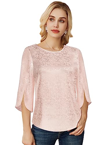 Damen Elegant Satin Bluse 3/4 Ärmel Oberteile Satin Langarmshirt Rundhals...